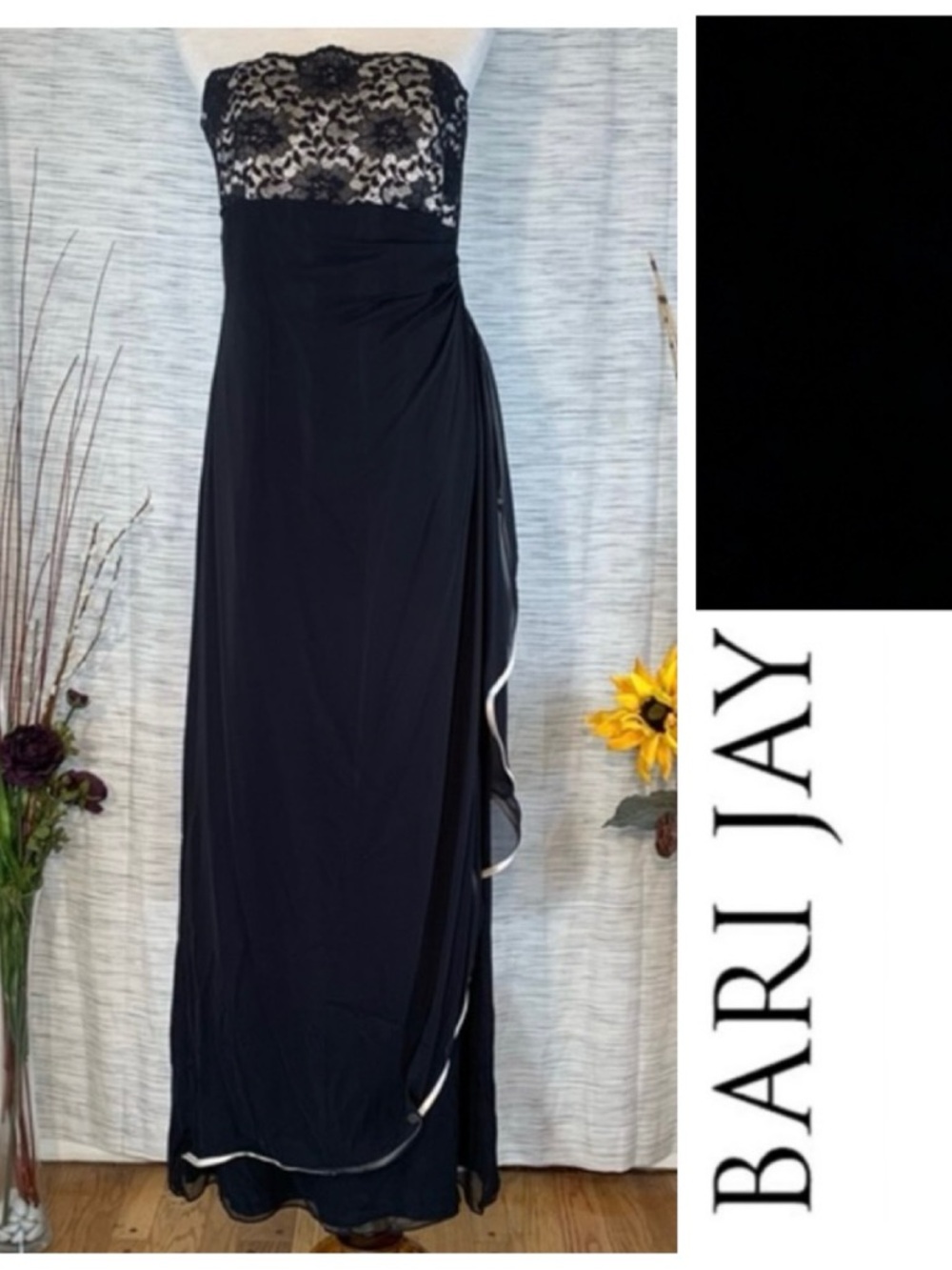 Bari Jay black and cream strapless evening gown.